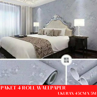 PAKET 4 ROLL WALLPAPER STIKER DINDING MOTIF EMBOSS SILVER ELEGANT GH130-3 ( BUY 3 GET 1 FREE ) PREMI