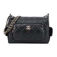 CHANEL經典雙C LOGO 菱格紋皺褶小羊皮相機包(黑色)/平行輸入