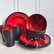 Borong Hebat 1 Set 6 Pcs Mangkok, Piring, Gelas Ramen Ala Japan Motif Hitam Merah Tahan Panas Anti P