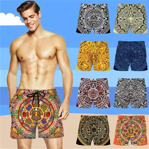 Men's Fashion 3d Print Aztec Calendar Sun Stone Hip Hop Beach Shorts Summer Men Swim Shorts Casual P