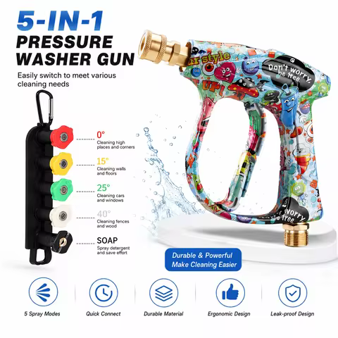2026 New Graffiti High Pressure Washer Gun with Aluminum Valve & Copper Head, 5 Color Nozzles, 1/4"