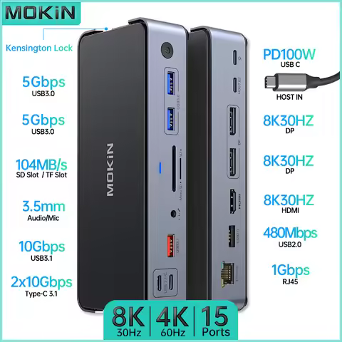 MOKiN 15 in 1 Docking Station for MacBook Air/Pro, iPad, Thunderbolt Laptop, Dual Channels 4K60HZ, U