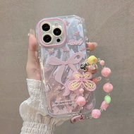 Pink Bow Feather Yarn Hanging Chain Phone Case Suitable for Huawei Honor X9C Smart Play 40C X7C X7B 