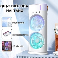 Quạt Hơi Nước Có Tích Điện, Quạt Phun Sương Mini 4 cánh, Quạt Để Bàn 2 Tầng Có Đèn Led, remote Tiện 