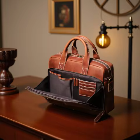 LEATHFOCUS Men's Genuine Leather Briefcases Man Vintage Messenger Bag 15.6 Inches Laptop Handbag Bus