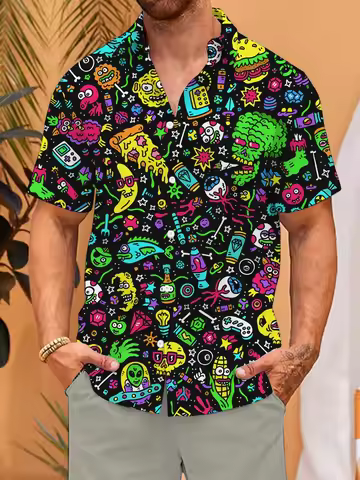 Men's Graffiti Doodle Print Hawaiian Shirts Neon Cartoon Monster Pizza Pattern Short Sleeve Button D