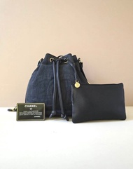 絕版中古包 Chanel古董藍黑色水桶包 側背包 單肩包 皮革包 二手