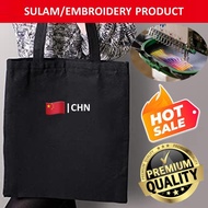 EMBROIDERY SULAM EMOJIS CHN CHINA FLAG LOGO BLACK CANVAS TOTE BAG