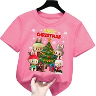kaos anak perempuan/laki laki gambar merry christmas labubu monster natal 1-12tahun lengan pendek k.