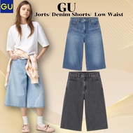 GU Japan Jorts Denim Shorts Blue Low Waist Knee Length Y2K Wide Leg Streetwear Casual