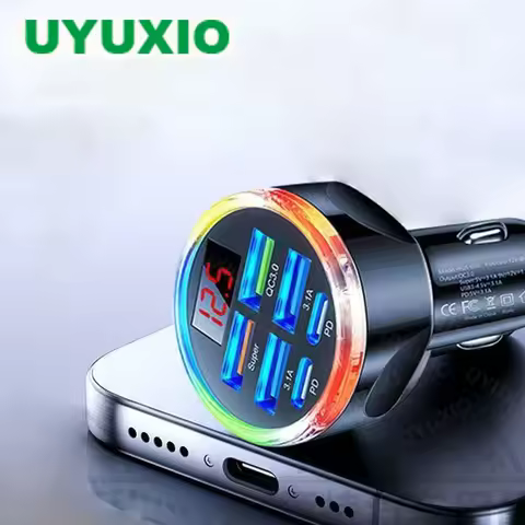 UYUXIO USB C Car Charger Adapter 6 in 1 with Volt Meter Multi Port Super Fast Charge with Voltage Di