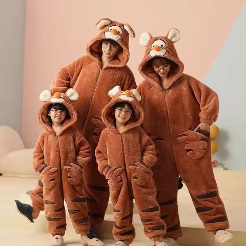 Winter Family Parent-Child Outfit Pijamas Onesie Sleepwear Thicken Pajamas Hoodies Jumpsuits Cartoon