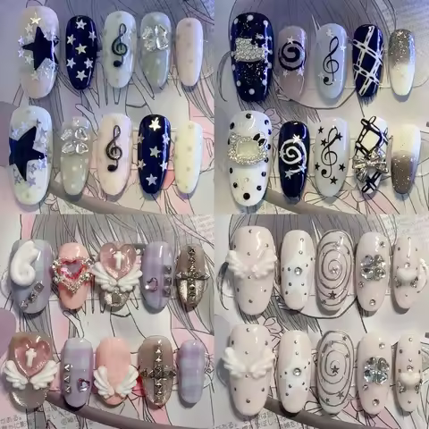 10Pcs Y2K Sweet Lovely Ellipse Handmade Wearable Full Cover Nails Shining Stars Diamond Wings Flower