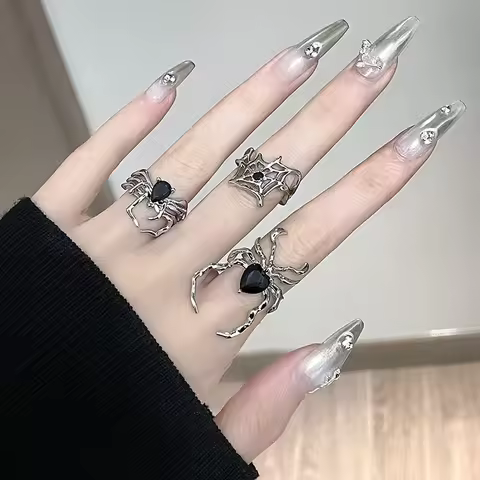 3 Styles Electroplating Black Heart Spider Web Opening Finger Rings Irregular Y2K Vintage Rings Punk