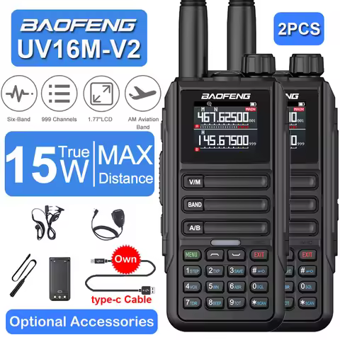 2Pack Baofeng UV16M V2 Waterproof Walkie Talkie High Capacity AM FM 2-Way Radio Full Band LCD Screen