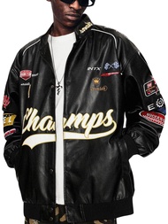 Aelfric Eden Embroiderey Racing Leather Bomber Jackets Oversized Patchwork Vintage Racer Moto Jacket