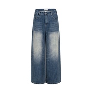 Noaytok หลวม ผู้หญิง กางเกงยีนส์ Ice Gel Blue Washed Vintage Natural Cat Wide Leg ผ้าฝ้าย Stretch Hi