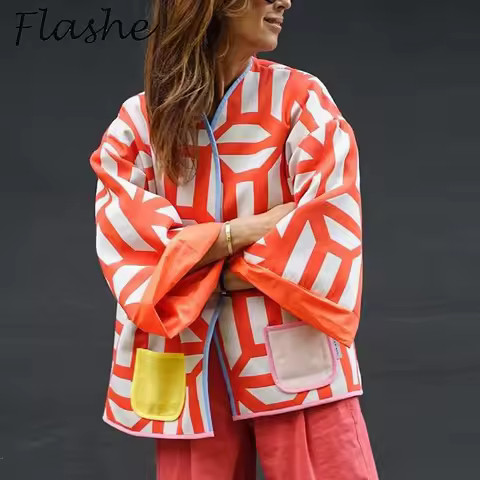 Autumn Winer Women Coat Geometric Print Casual Jackets For Women Fashion Long Sleeve Outerwear