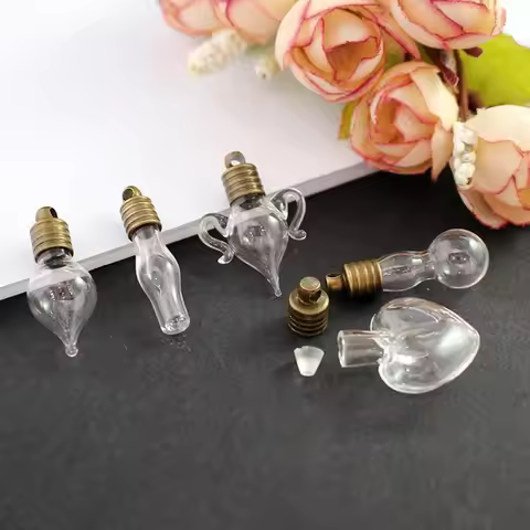 10X 6mm Mix Shape Glass Vial Pendant With Cap Rubber Plug Name Rice Mini Wishing Bottle Jars Perfume