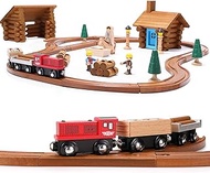 SainSmart Jr. Wooden Train Set with Log Cabin, Toddler Building Blocks - 100 PCS Real Wood Logs - Lumber Mill - Buildable Train Tracks Construction Toy for 3,4,5 Year Old Boys and Girls
