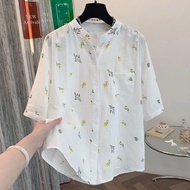 Loose Floral Blouse for Women Soft Cotton Yarn Shirt Japanese Minimalist Casual Tops