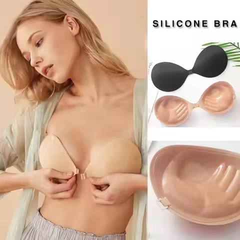 Women's Bra Invisible Push Up Bra Self-Adhesive Silicone Seamless Front Closure Sticky Backless Stra