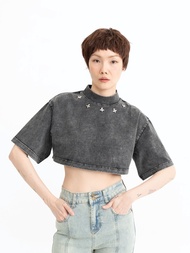 Pania Ixora Crop Tee in Acid wash black แพนญาเสื้อครอปรุ่นอิกซอร่าสีดำฟอก
