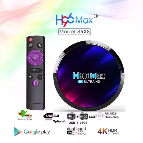 H96 Max Plus 4gb 64gb Android Tv Box 13 Smart TVBox RK3528 2.4G/5Ghz Wifi AVS2 4K H.265 4GB 32GB H96