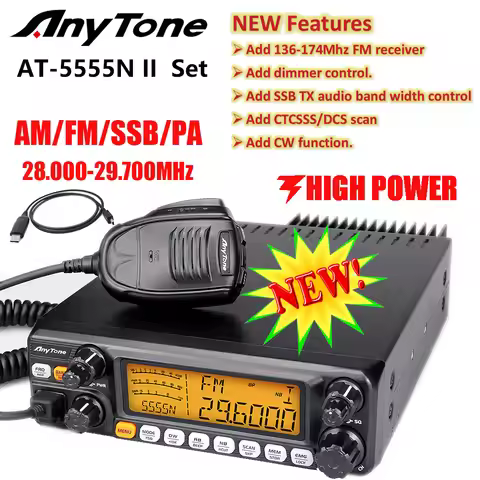 AnyTone AT-5555N II 28.000-29.700MHz 10 Meter Radio 40 Channel Mobile Transceiver AM/FM/SSB/LSB/USB 