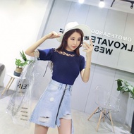 Hollow Knitted Women Girl Short Sleeve Crop Tops Lace-up Knitwear Strapless Shirts