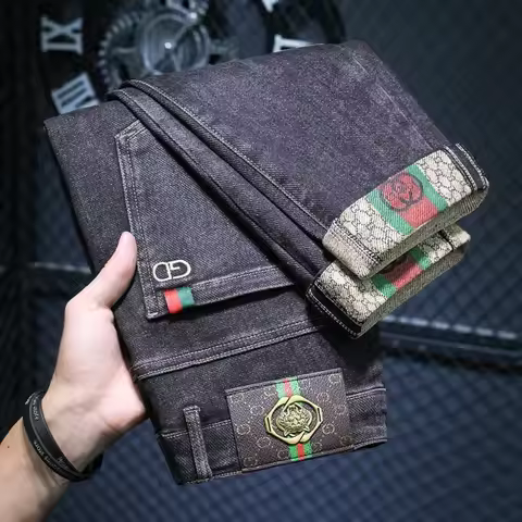 Casual Trendy Embroidered Men's Jeans Autumn winter New Arrival Slim Fit Charcoal Grey Trousers Whol