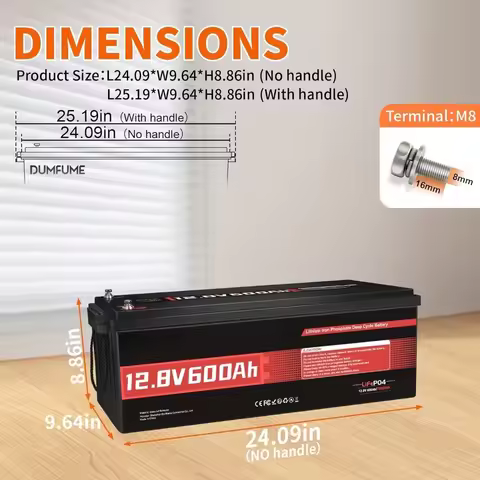 12V 600Ah LiFePO4 Lithium Battery 7680Wh Built-in 200A BMS 10000 Cycles for Solar System RV Off-Grid