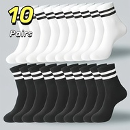 TEMU Unisex 10-pack Striped White Mid-calf Socks - For Men And Women, Side Stripes, Us Men's Sizes 4
