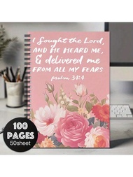 1pc Pink Christian Spiral Notebook With Floral Design & Psalm 23:4 Scripture - Inspirational Bible J
