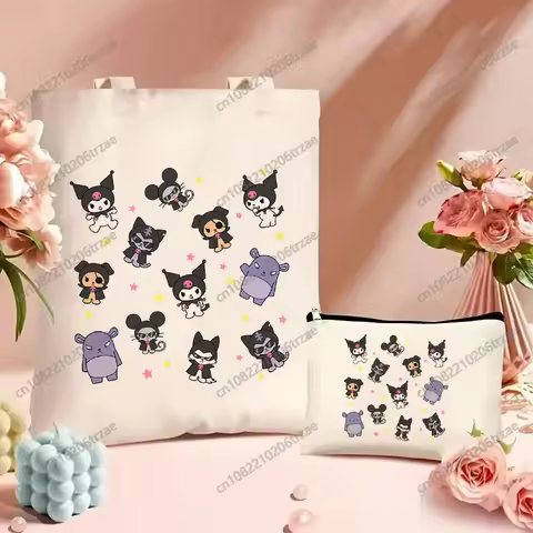 Kuromi Baku Disguise Print Shopping Bags Canvas Tote Bag Mom Reusable Cloth Harajuku Bag Set Makeup 