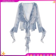 (Fashion_2)  Glamorous Blouse Tie Dye Contrast Mesh Front Frill Blouse for Women L106AD939