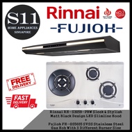 Rinnai RH-S3059-PBW Sleek &amp; Stylish  Matt Black Design LED Slimline Hood + Fujioh FH-GS5035 SVSS Stainless Steel Gas Hob With 3 Different Burner Size