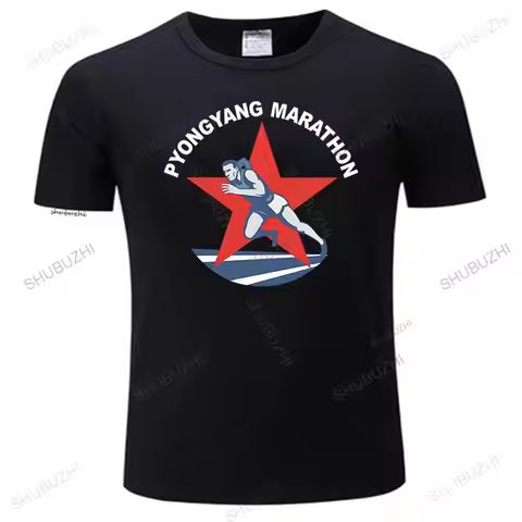 New Men tshirt Short sleeve Pyongyang Marathon North Korea brand cotton T Shirt Women t-shirt tee to