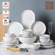 BỘ BÁT ĐĨA GỐM SỨ CAO CẤP TRẮNG VIỀN ĐEN SANG TRỌNG
