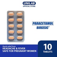 Unilab Biogesic 10 Tablets - 500mg Paracetamol for Quick Relief of Headache and Fever