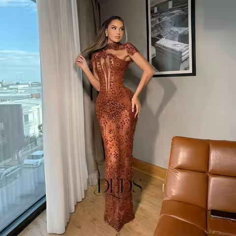 DEDS Custom Illusion Red Evening Dress See Cyrstals Through Lace Mermaid Prom Dress Halter Sequins P