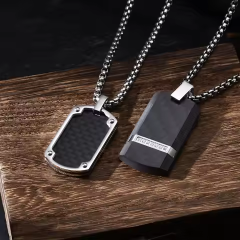 Vnox Mens Luxury Carbon Fiber Dogtag Necklaces,Black Military Dog Tags Pendant with Box Chain,Bold G