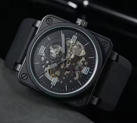 Men's Automatic Mechanical Watch Bell Brown Leather Black Ross Rubber 46mm Hollow AAA Large Dial Men