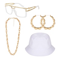 PHOGARY 80s / 90s Hip Hop Costume Kit, Rapper DJ Outfits Punk Gold Chain Bucket Hat Vintage Glasses