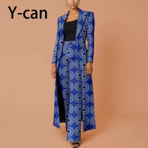African Women's 2-Piece Suit Set Traditional Long Sleeve Jacket Coat Ankara Print Office Business Ca