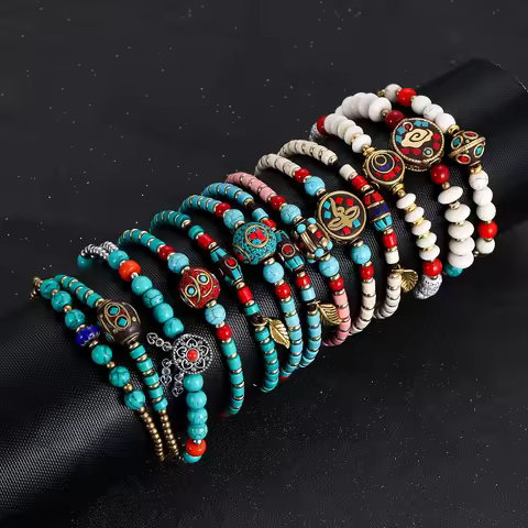 Ethnic Nature Stone Nepal Copper Beads Bracelet Women Men Vintage Tibetan Buddhist Mantra Hand Praye