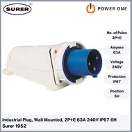 Surer 1952 Industrial Plug, Wall Mounted 2P+E, 63A 240V, IP67, 6H (1950 Series)