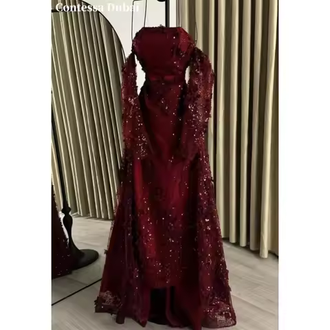 Contessa Custom Burgundy 3D Floral Evening Dress Sequin Waistband Prom Dresses Elegant Vestidos De N