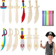 BULZEU 12 Pieces Wooden Pirate Toy Swords Set with 12 Pieces Coloured Pens 4 Types Handmade Wooden S