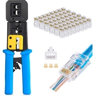 RJ45 Crimp Tool Pass Through Cat5 Cat5e Cat6 Crimping Tool For RJ45/RJ12 Regular And End-Pass-Through Connectors 100pcs Set